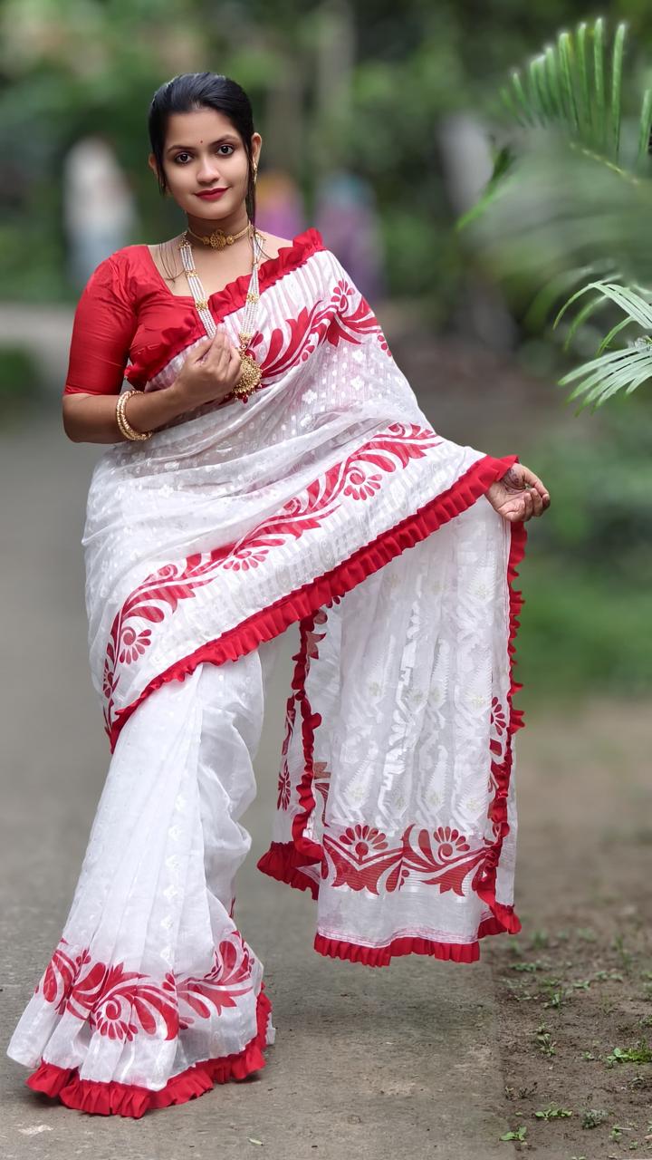 Korat Kolka Print Dhakai Jamdani Saree with Red Ruffle Work No Blouse