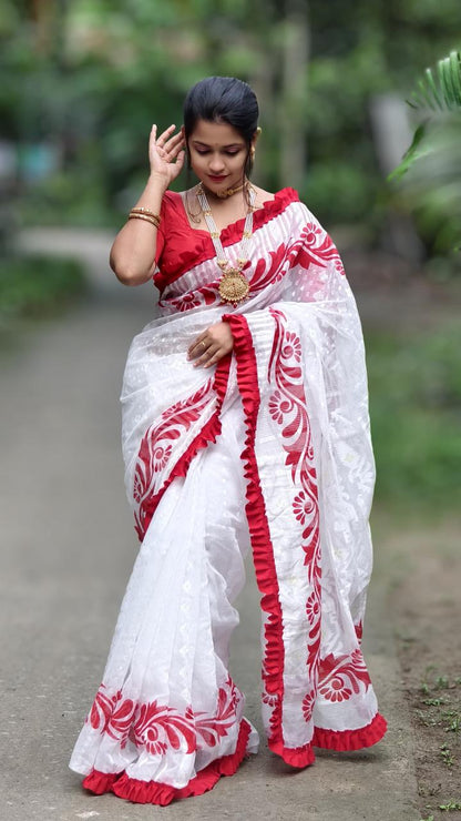 Korat Kolka Print Dhakai Jamdani Saree with Red Ruffle Work No Blouse