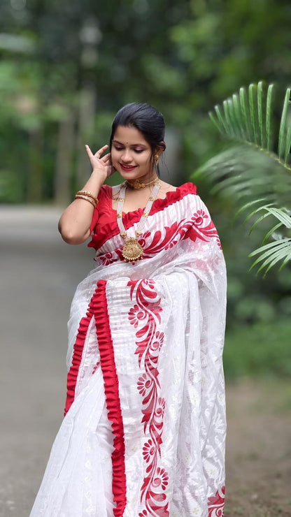 Korat Kolka Print Dhakai Jamdani Saree with Red Ruffle Work No Blouse