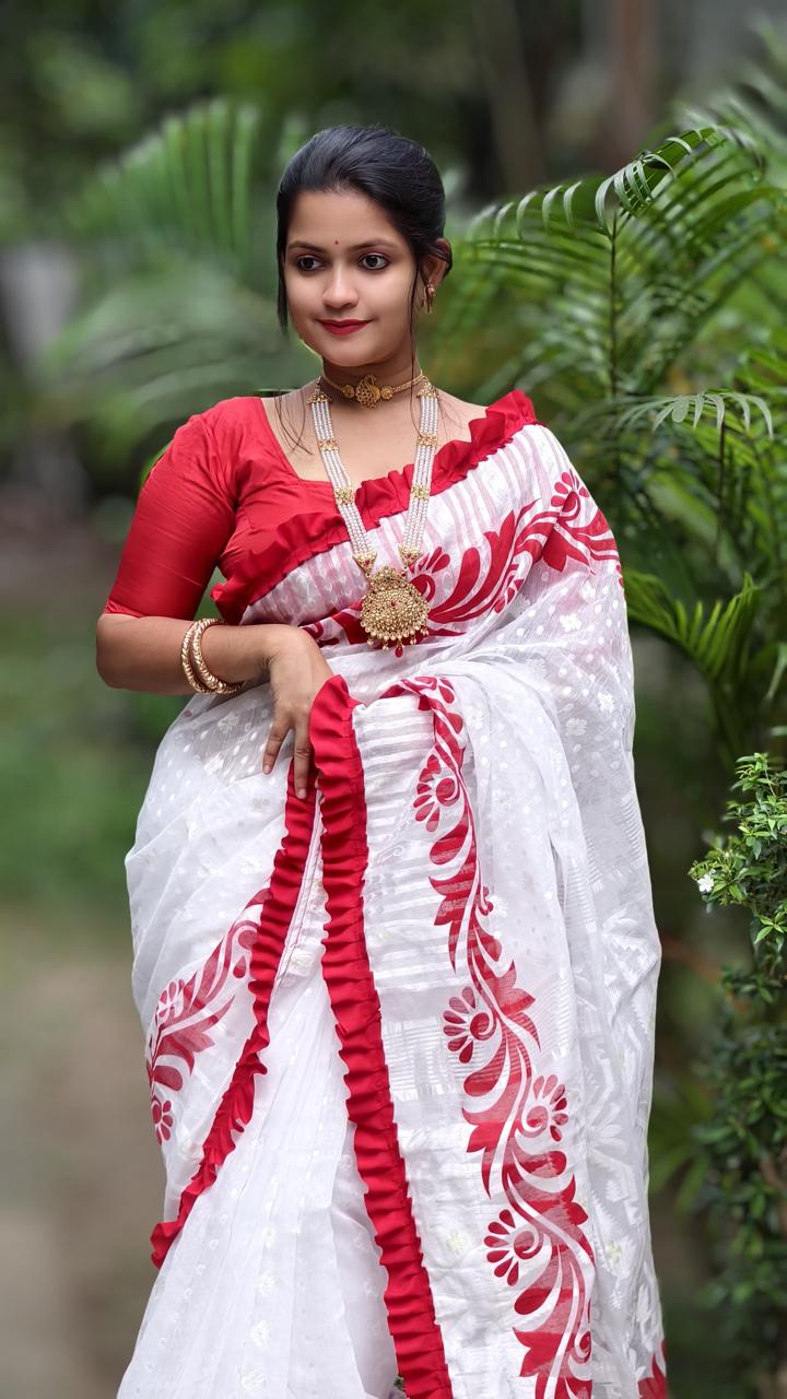 Korat Kolka Print Dhakai Jamdani Saree with Red Ruffle Work No Blouse
