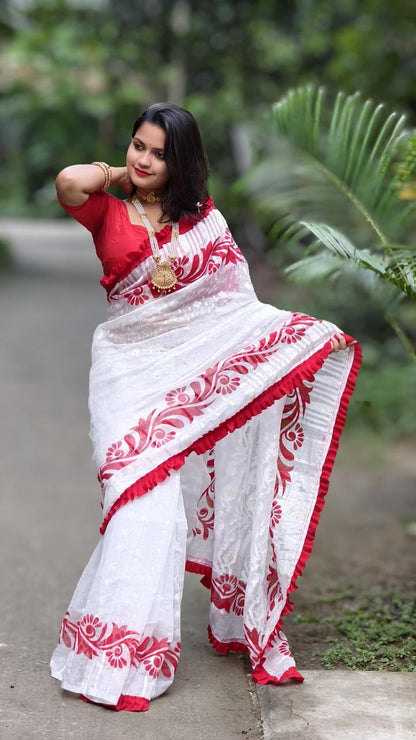Korat Kolka Print Dhakai Jamdani Saree with Red Ruffle Work No Blouse