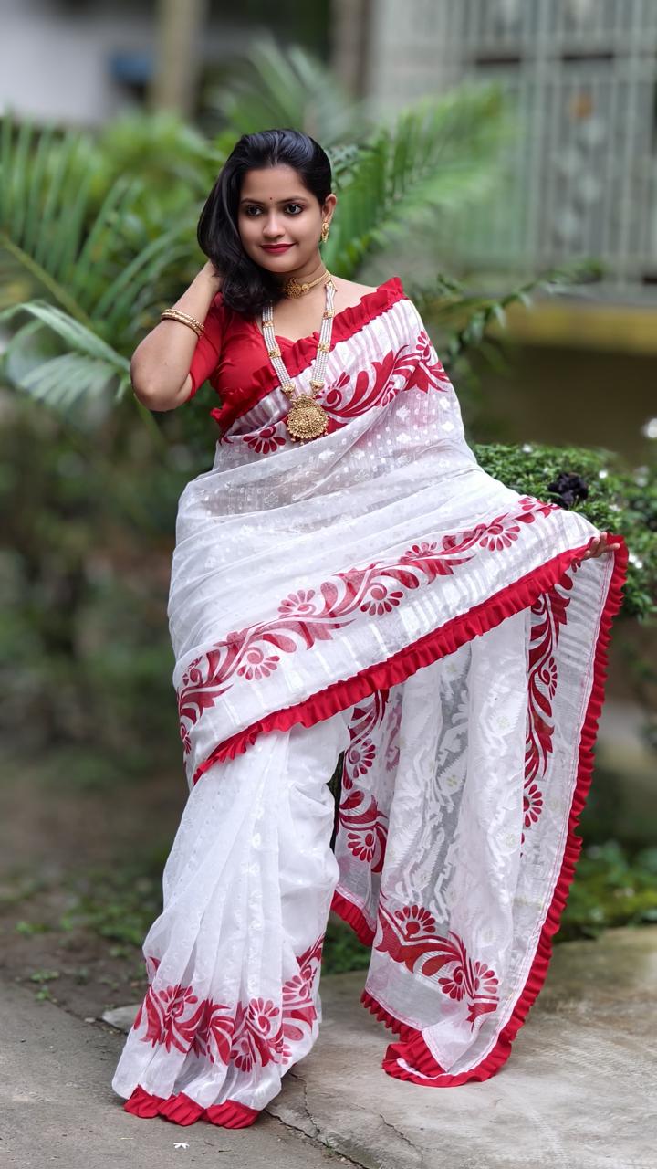 Korat Kolka Print Dhakai Jamdani Saree with Red Ruffle Work No Blouse