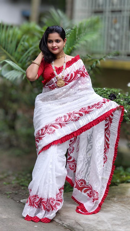 Korat Kolka Print Dhakai Jamdani Saree with Red Ruffle Work No Blouse