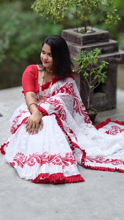 Korat Kolka Print Dhakai Jamdani Saree with Red Ruffle Work No Blouse