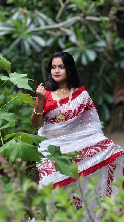 Korat Kolka Print Dhakai Jamdani Saree with Red Ruffle Work No Blouse