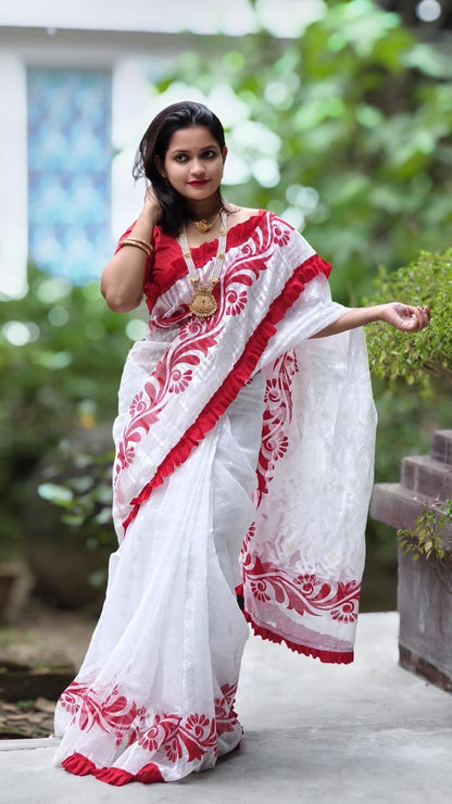 Korat Kolka Print Dhakai Jamdani Saree with Red Ruffle Work No Blouse