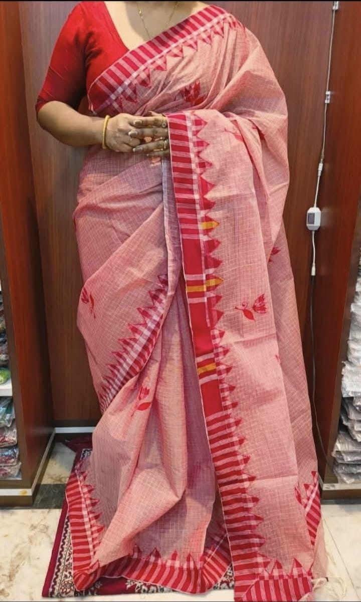 Pure Cotton Saree with All-Over Zori Check & 9-Hand Gamcha Applique Work No Blouse