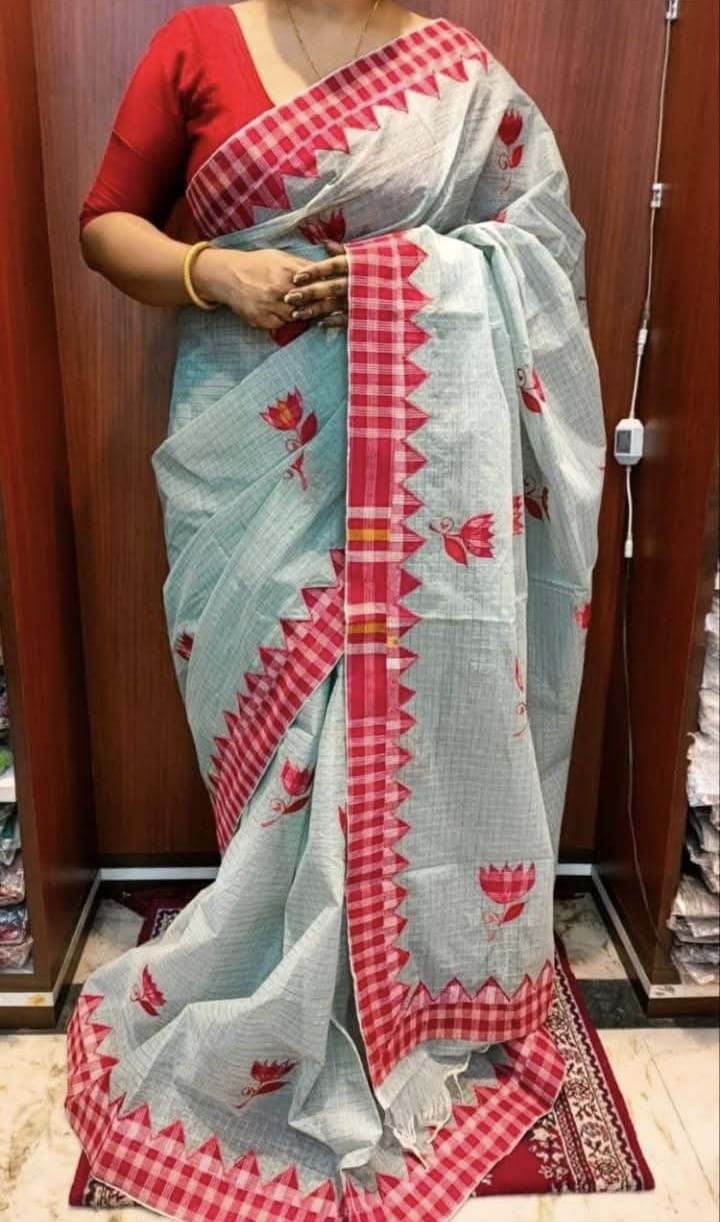 Pure Cotton Saree with All-Over Zori Check & 9-Hand Gamcha Applique Work No Blouse