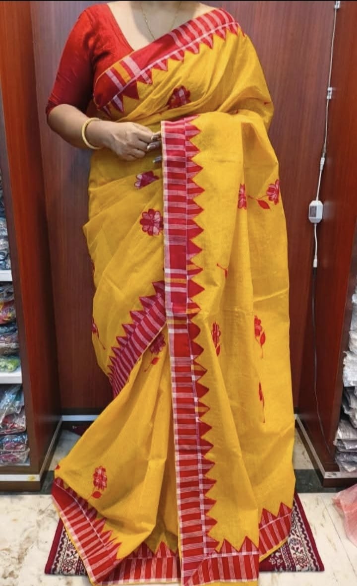 Pure Cotton Saree with All-Over Zori Check & 9-Hand Gamcha Applique Work No Blouse