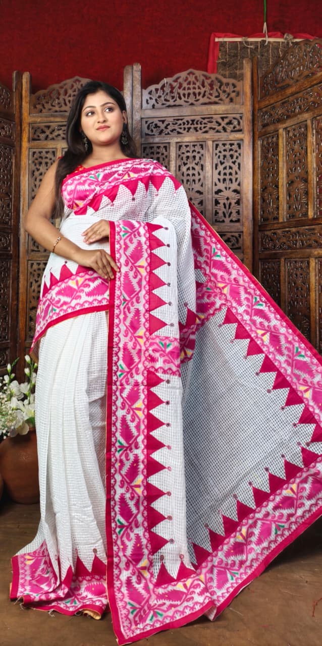 Kota Jamdani Saree with Cut Work & Applique Border | Traditional Red White Handcrafted Saree | Festive & Ethnic Wear | Without Blouse