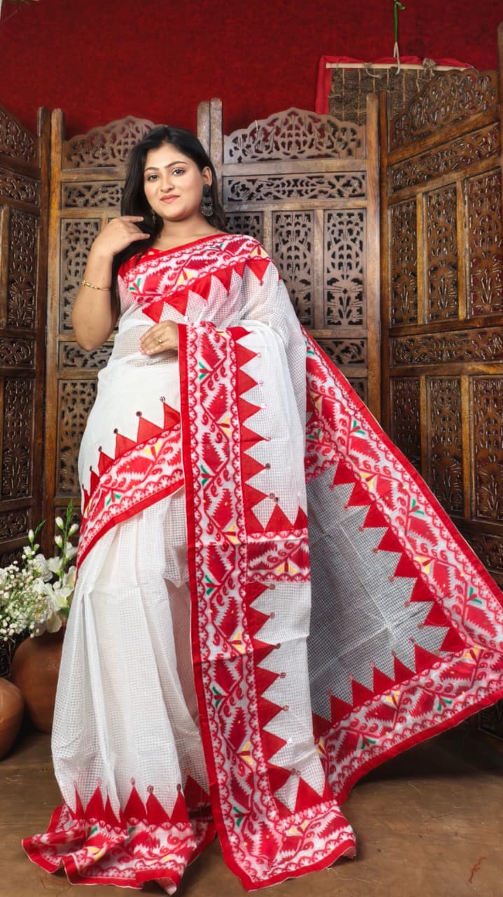 Kota Jamdani Saree with Cut Work & Applique Border | Traditional Red White Handcrafted Saree | Festive & Ethnic Wear | Without Blouse