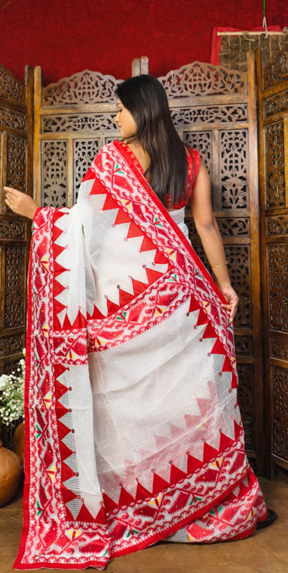 Kota Jamdani Saree with Cut Work & Applique Border | Traditional Red White Handcrafted Saree | Festive & Ethnic Wear | Without Blouse