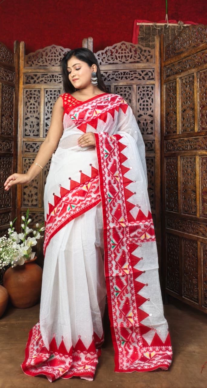 Kota Jamdani Saree with Cut Work & Applique Border | Traditional Red White Handcrafted Saree | Festive & Ethnic Wear | Without Blouse