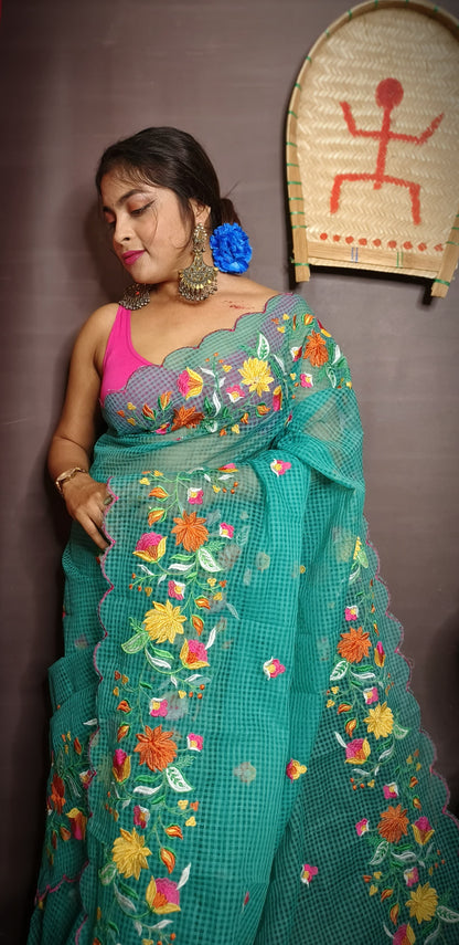 Pure Kota Embroidery Saree for Women Multicolor Floral Thread Work Designer Saree Without Blouse
