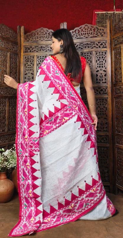 Kota Jamdani Saree with Cut Work & Applique Border | Traditional Red White Handcrafted Saree | Festive & Ethnic Wear | Without Blouse