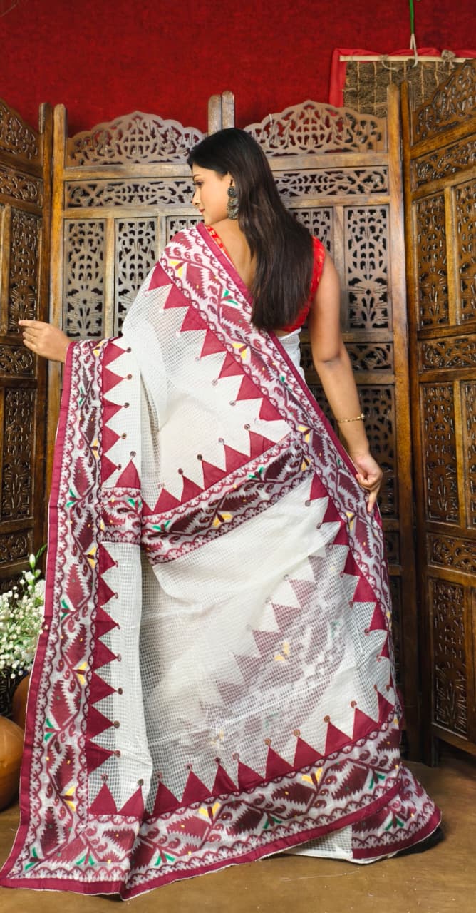 Kota Jamdani Saree with Cut Work & Applique Border | Traditional Red White Handcrafted Saree | Festive & Ethnic Wear | Without Blouse