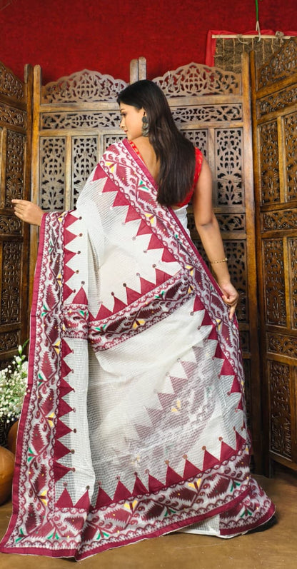 Kota Jamdani Saree with Cut Work & Applique Border | Traditional Red White Handcrafted Saree | Festive & Ethnic Wear | Without Blouse