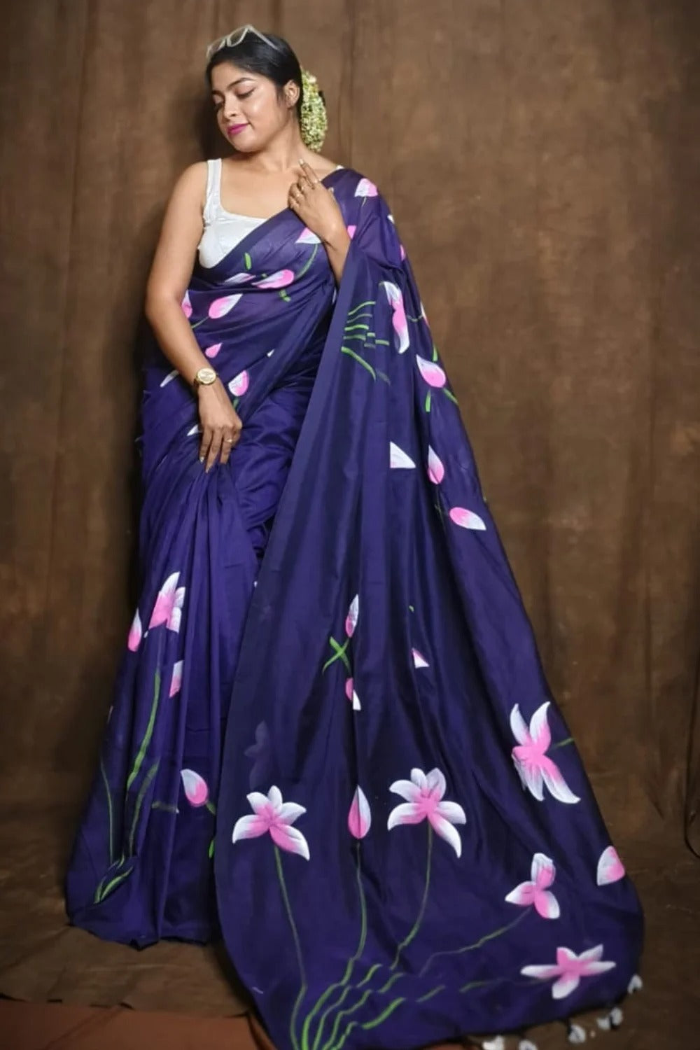 Pure Lotus Hand Printed Khadi Cotton Saree Running Blouse