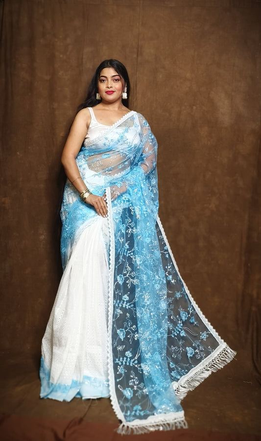 BALIKA TEXTILE Exclusive Half & Half Net Organza Hakoba Saree | Premium Cotton & Organza Fabric | No Blouse