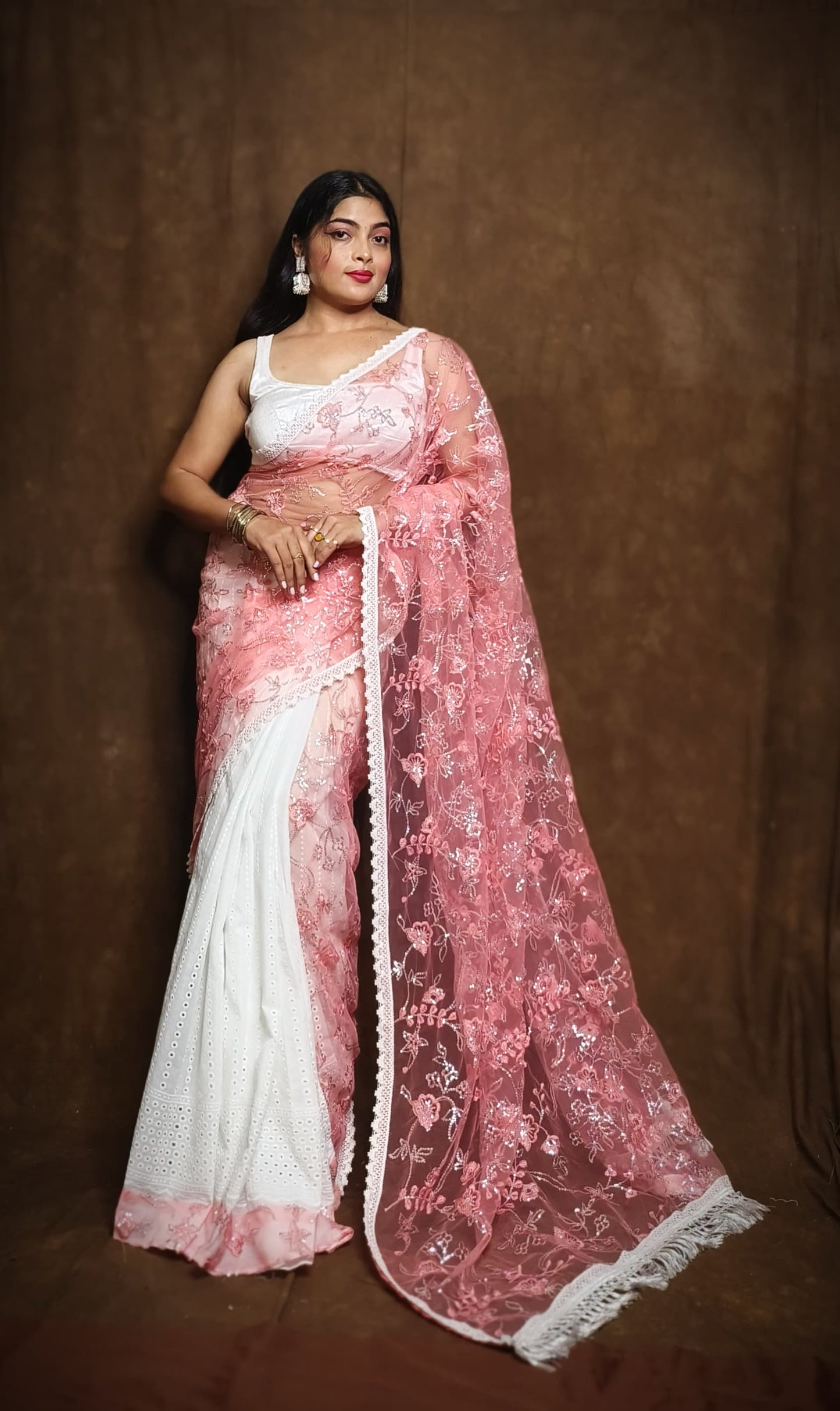 BALIKA TEXTILE Exclusive Half & Half Net Organza Hakoba Saree | Premium Cotton & Organza Fabric | No Blouse