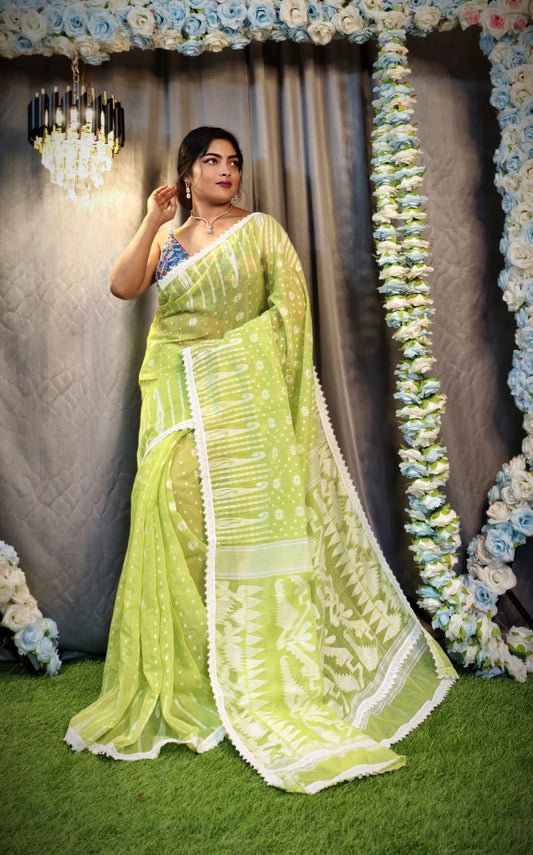 New & Exclusive Korat Dhakai Jamdani Saree – White with Lace Border | Cotton Silk | 5.5m | No Blouse