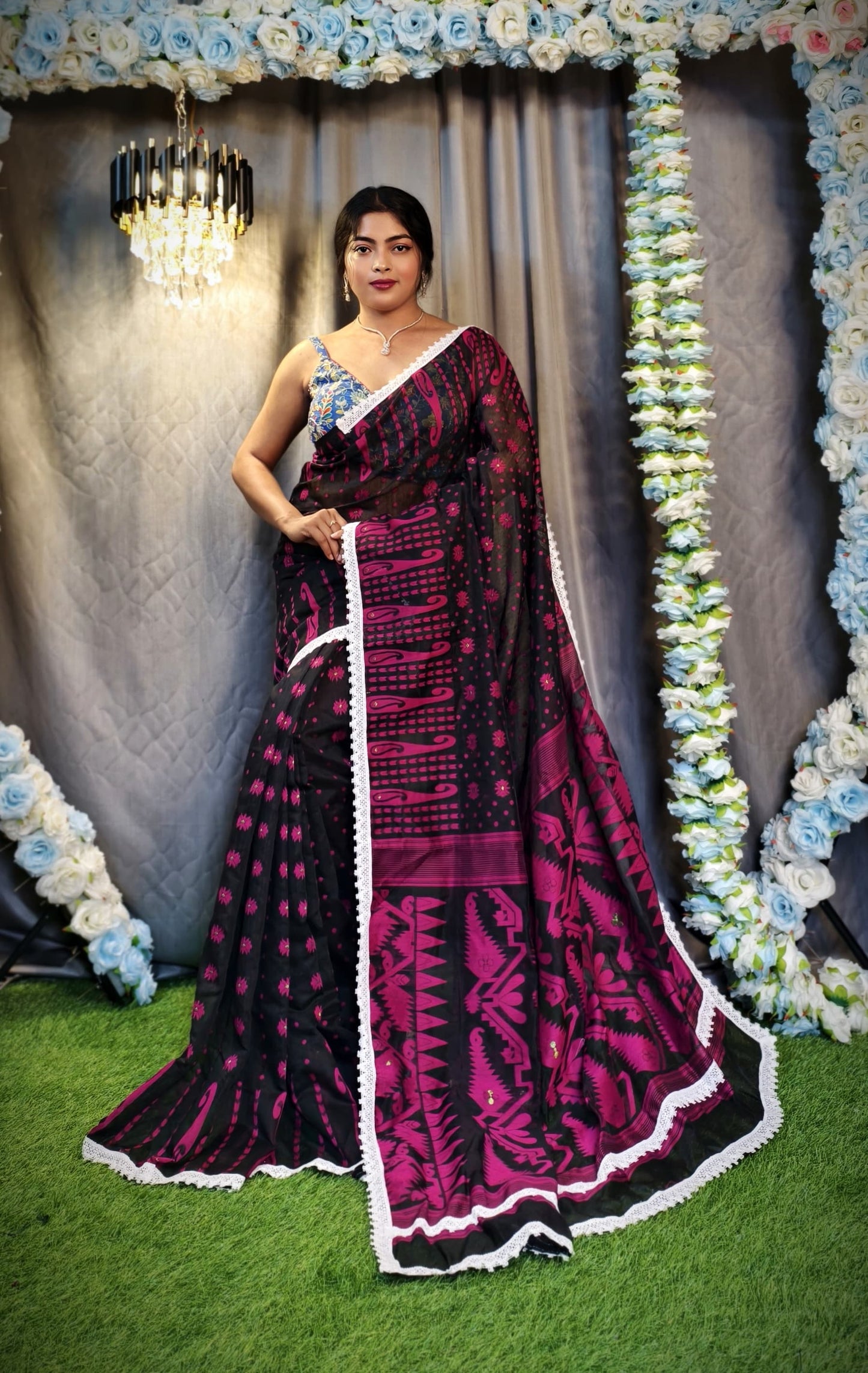 New & Exclusive Korat Dhakai Jamdani Saree – White with Lace Border | Cotton Silk | 5.5m | No Blouse