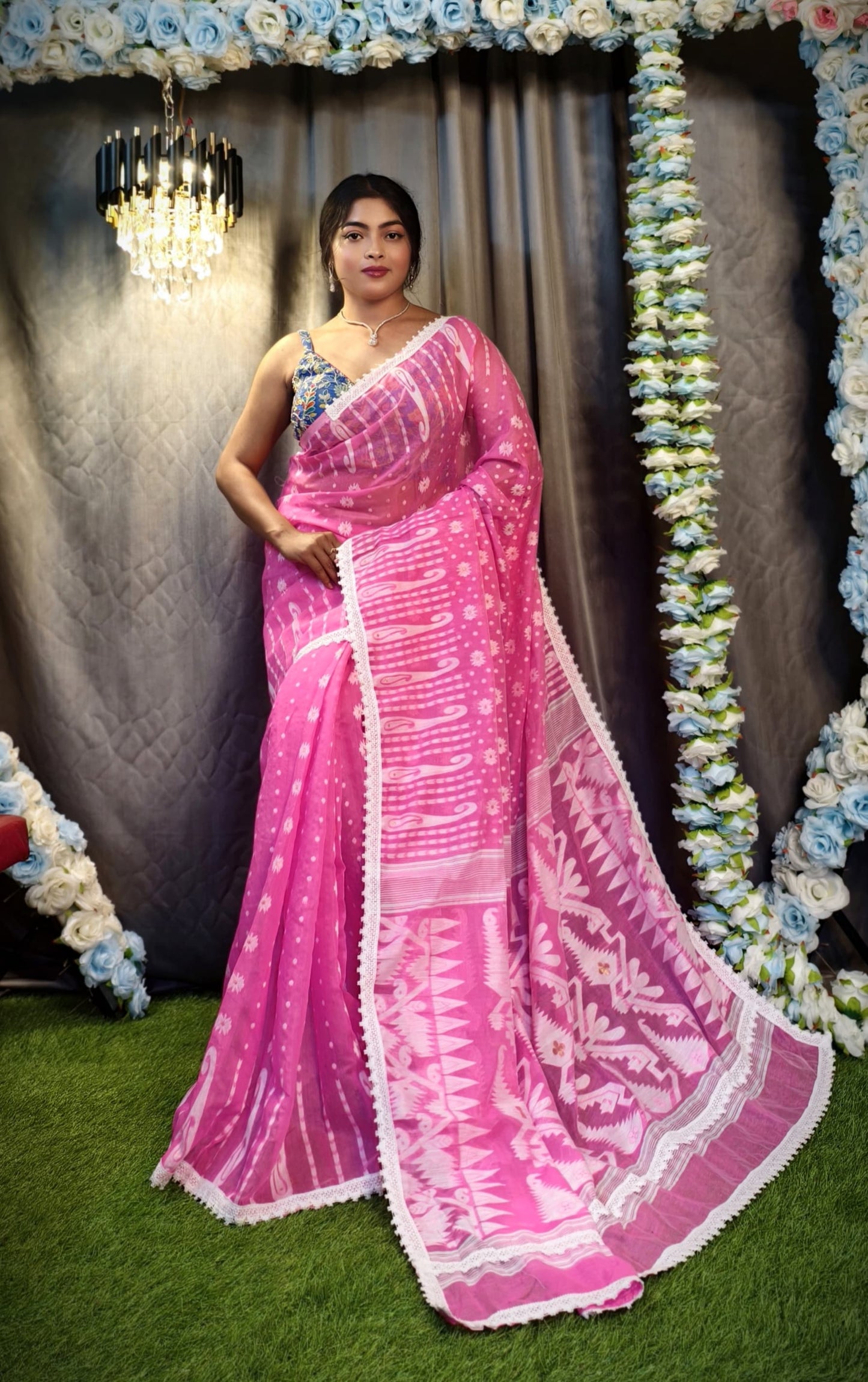New & Exclusive Korat Dhakai Jamdani Saree – White with Lace Border | Cotton Silk | 5.5m | No Blouse