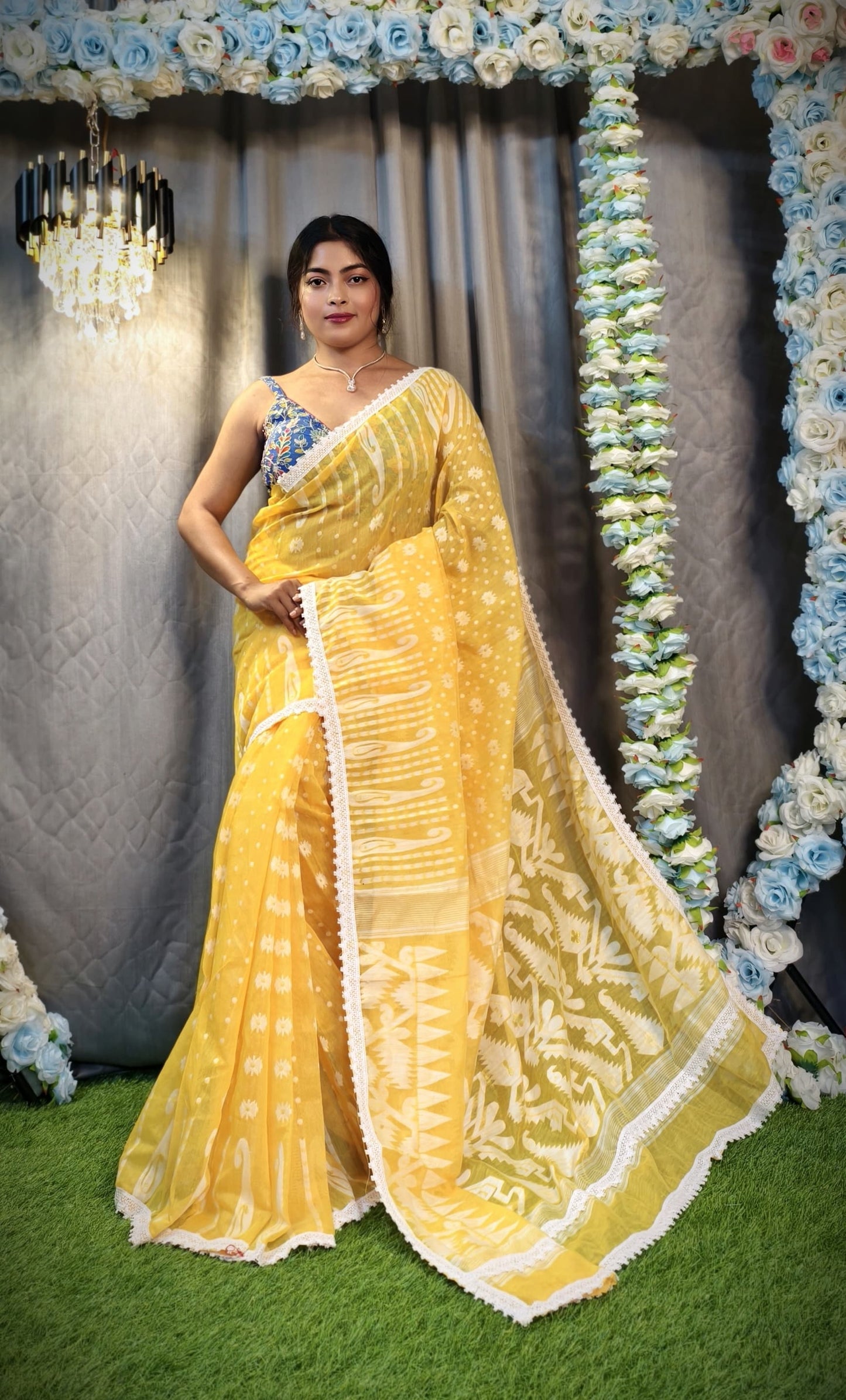 New & Exclusive Korat Dhakai Jamdani Saree – White with Lace Border | Cotton Silk | 5.5m | No Blouse