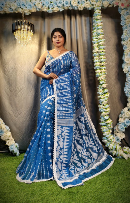 New & Exclusive Korat Dhakai Jamdani Saree – White with Lace Border | Cotton Silk | 5.5m | No Blouse