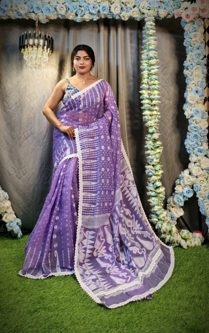 New & Exclusive Korat Dhakai Jamdani Saree – White with Lace Border | Cotton Silk | 5.5m | No Blouse