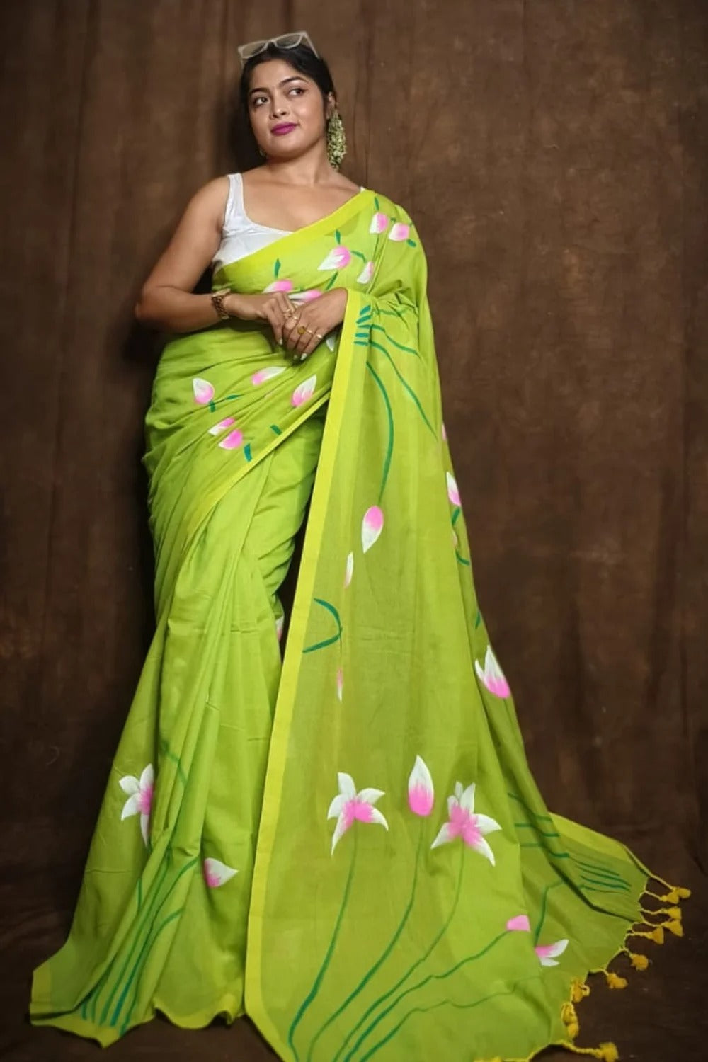 Pure Lotus Hand Printed Khadi Cotton Saree Running Blouse