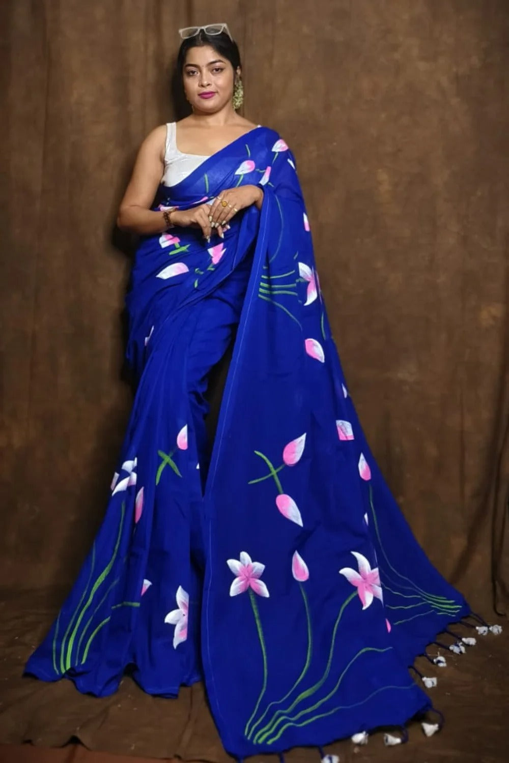 Pure Lotus Hand Printed Khadi Cotton Saree Running Blouse