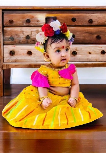 BALIKA TEXTILE Ready to Wear Jamdani Stitch Cotton Kids Lehenga with Blouse Set (Yellow)