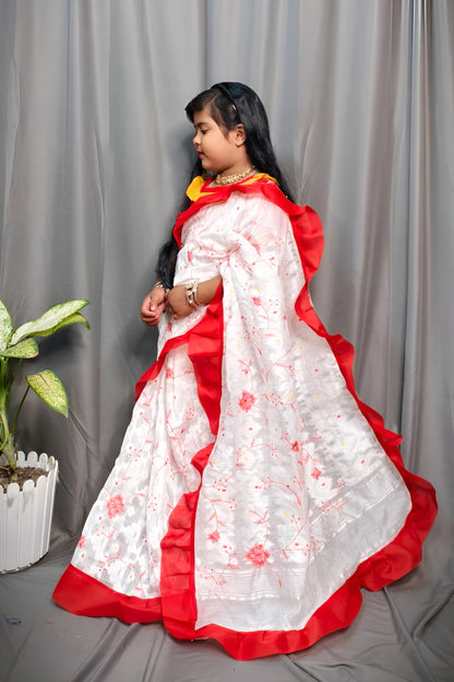Exclusive Saraswati Pujo Special Jamdani Ruffel Embroidery Kids Saree For  2 - 6 Years Olds