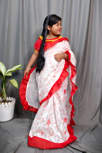 Exclusive Saraswati Pujo Special Jamdani Ruffel Embroidery Kids Saree For  2 - 6 Years Olds