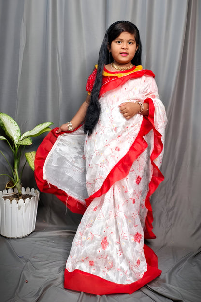 Exclusive Saraswati Pujo Special Jamdani Ruffel Embroidery Kids Saree For  2 - 6 Years Olds