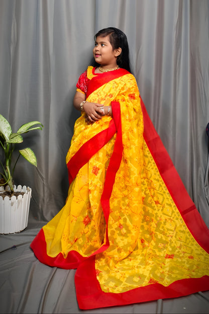 Exclusive Saraswati Pujo Special Jamdani Ruffel Embroidery Kids Saree For  2 - 6 Years Olds