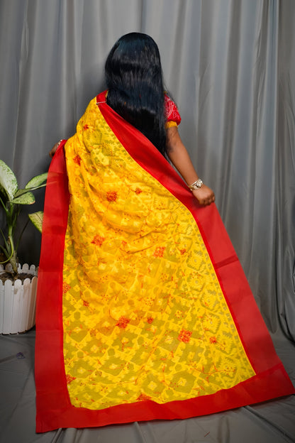 Exclusive Saraswati Pujo Special Jamdani Ruffel Embroidery Kids Saree For  2 - 6 Years Olds