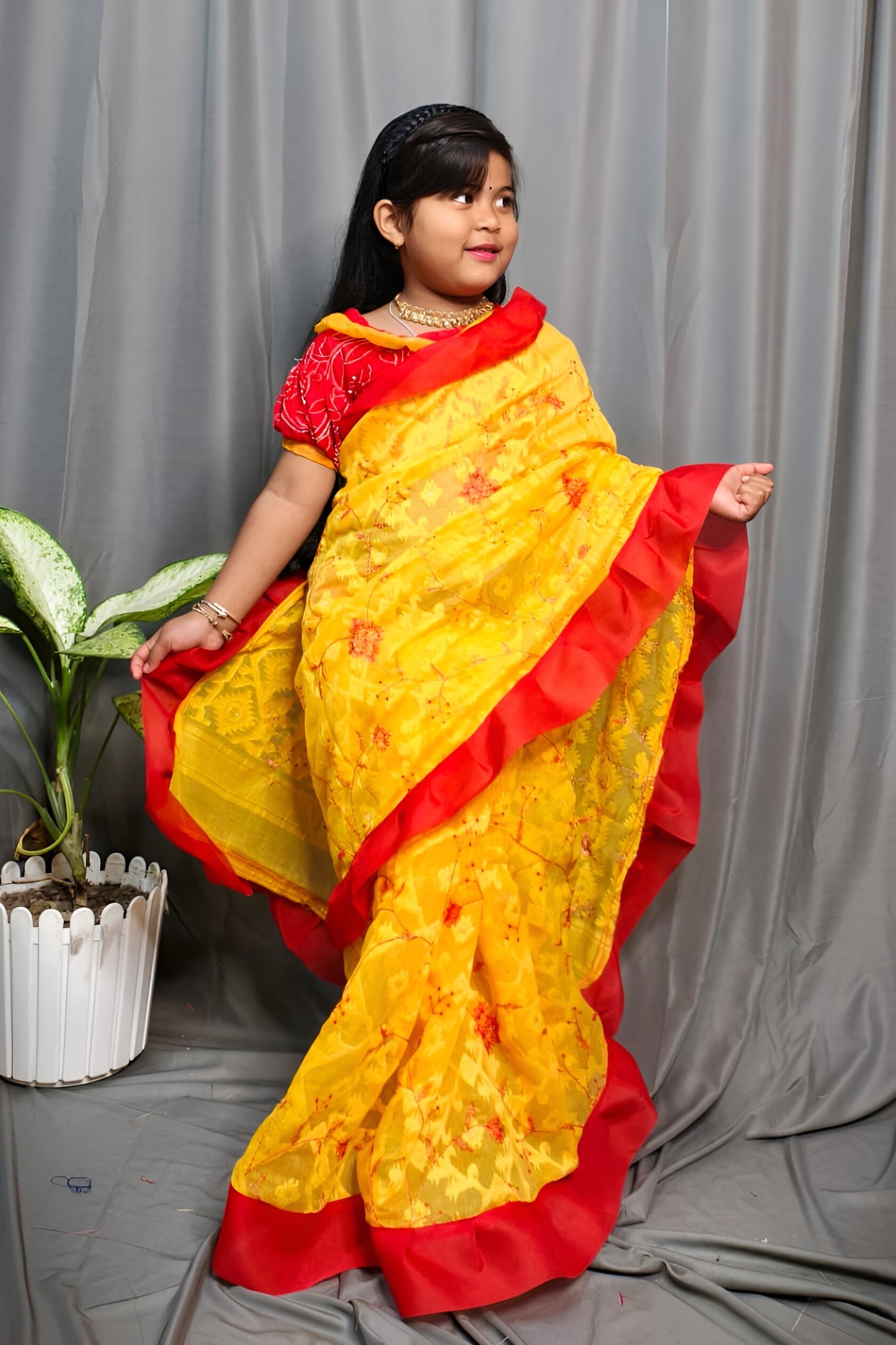 Exclusive Saraswati Pujo Special Jamdani Ruffel Embroidery Kids Saree For  2 - 6 Years Olds