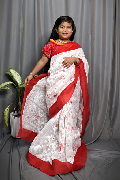 Exclusive Saraswati Pujo Special Jamdani Ruffel Embroidery Kids Saree For  2 - 6 Years Olds