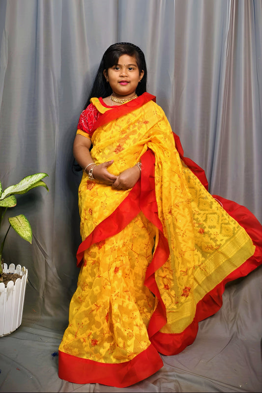 Exclusive Saraswati Pujo Special Jamdani Ruffel Embroidery Kids Saree For  2 - 6 Years Olds