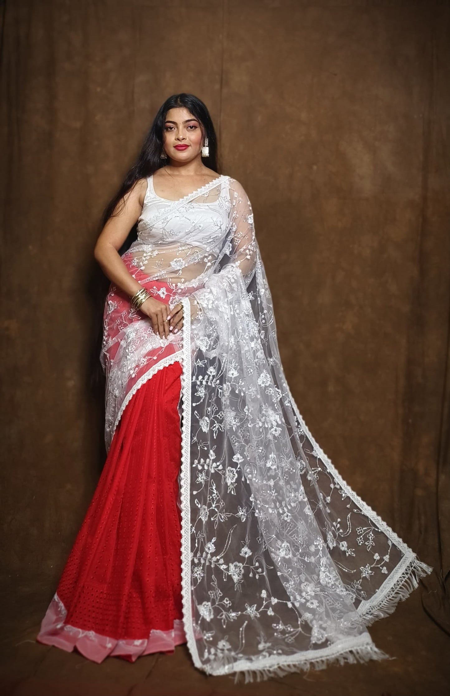 BALIKA TEXTILE Exclusive Half & Half Net Organza Hakoba Saree | Premium Cotton & Organza Fabric | No Blouse