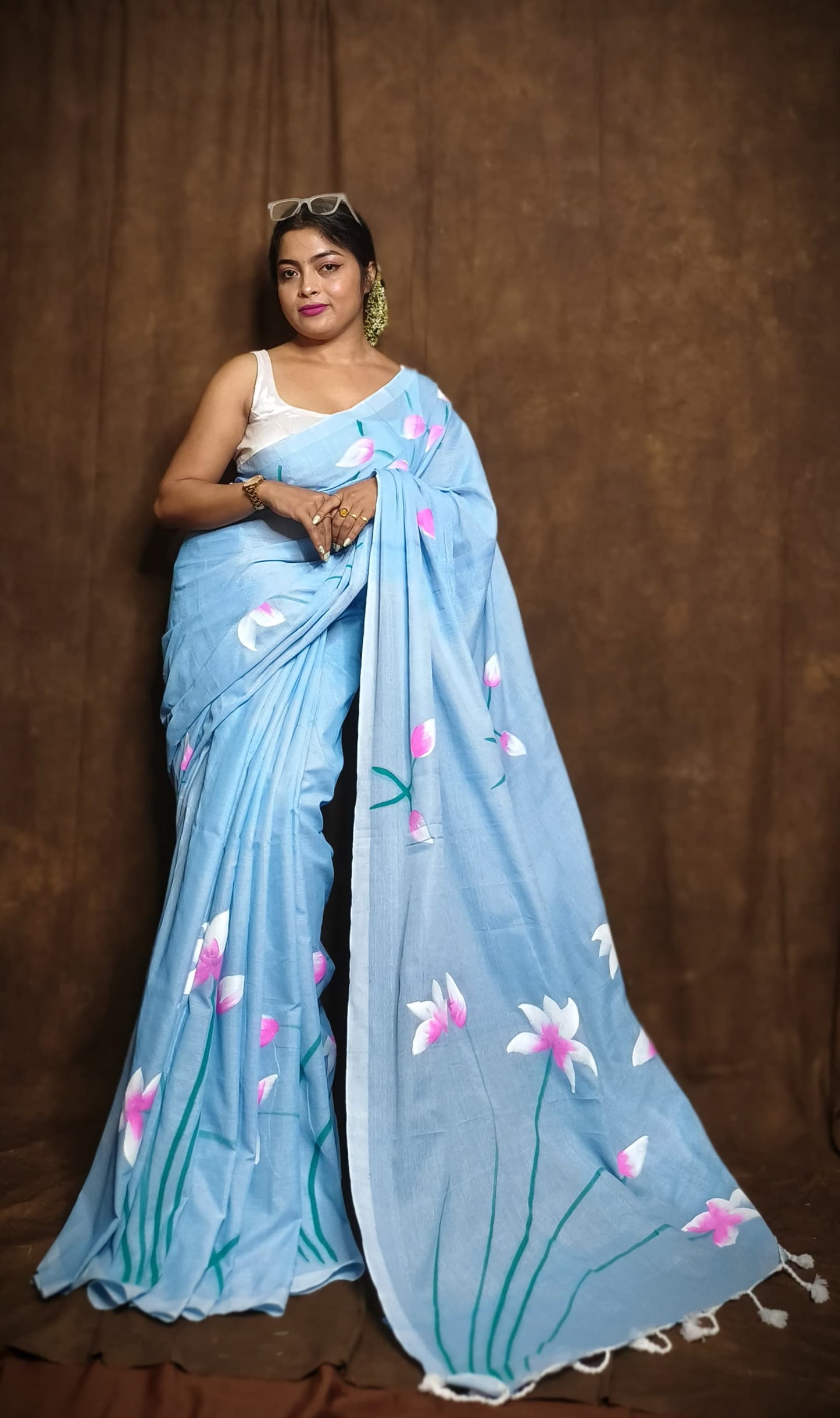 Pure Lotus Hand Printed Khadi Cotton Saree Running Blouse