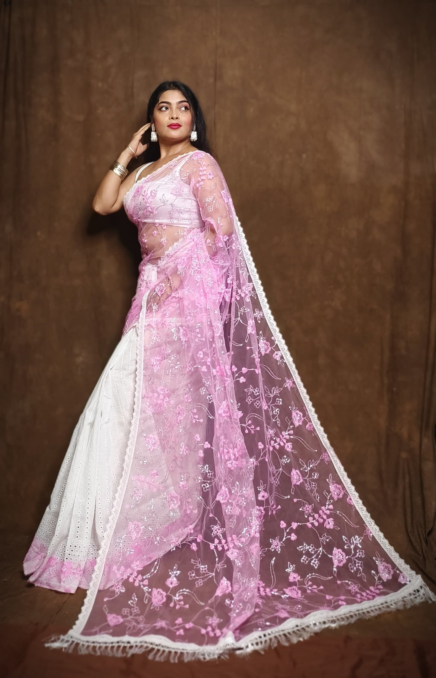 BALIKA TEXTILE Exclusive Half & Half Net Organza Hakoba Saree | Premium Cotton & Organza Fabric | No Blouse