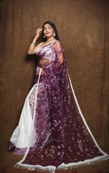 BALIKA TEXTILE Exclusive Half & Half Net Organza Hakoba Saree | Premium Cotton & Organza Fabric | No Blouse