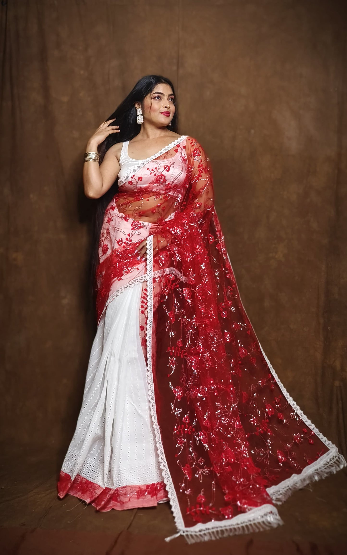 BALIKA TEXTILE Exclusive Half & Half Net Organza Hakoba Saree | Premium Cotton & Organza Fabric | No Blouse