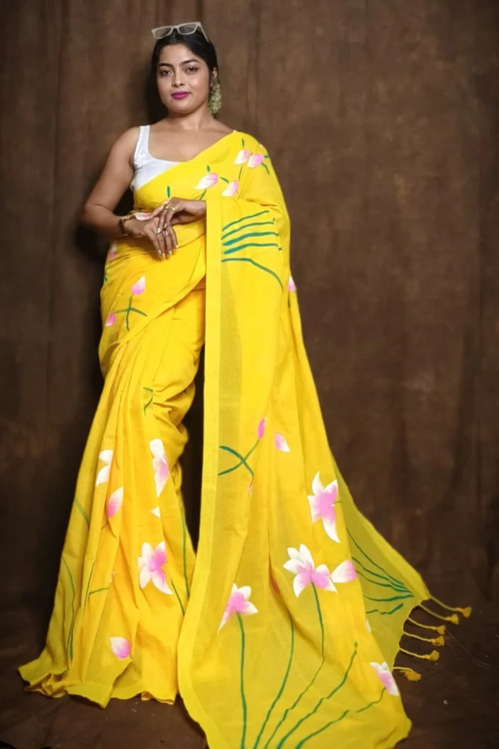 Pure Lotus Hand Printed Khadi Cotton Saree Running Blouse